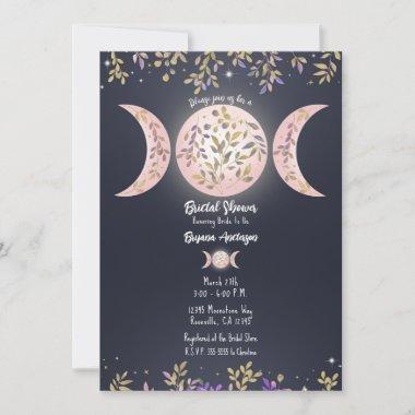 Triple Moon Goddess Botanical Blue Bridal Shower Invitations