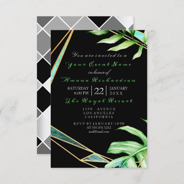 Tropic Aqua Black White FrameGreen Birthday Bridal Invitations