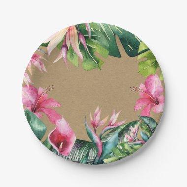 Tropical Aloha Floral Luau Summer Leaves Kraft Paper Plates