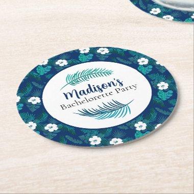Tropical Beach Blue Floral Luau Bachelorette Party Round Paper Coaster