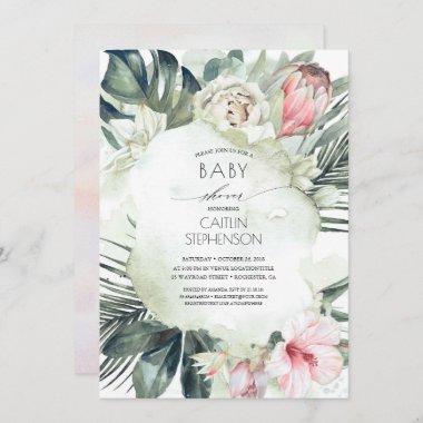 Tropical Beach Greenery and Flowers Baby Shower Invitations