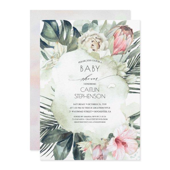 Tropical Beach Greenery and Flowers Baby Shower Invitations