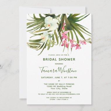 Tropical Beach Greenery Pink Floral Bridal Shower Invitations