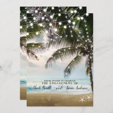 Tropical Beach Ocean Palm Trees Lights Engagement Invitations