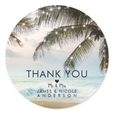 Tropical Beach Ocean Palm Trees & Lights Wedding Classic Round Sticker