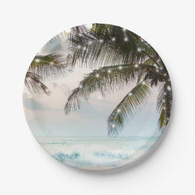Tropical Beach Ocean Palm Trees & Lights Wedding Paper Plates