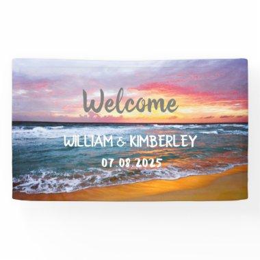 Tropical Beach Ocean Waves Sunset Elegant Wedding Banner