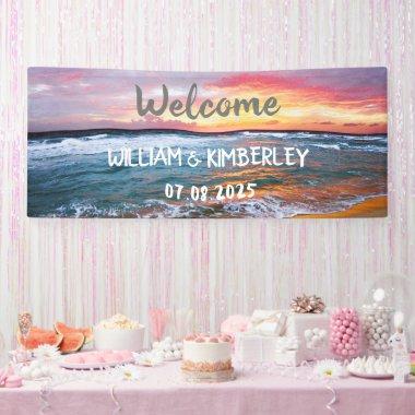 Tropical Beach Ocean Waves Sunset Elegant Wedding Banner