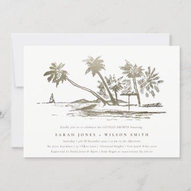 Tropical Beach Palm Sketch Gold Couples Shower Invitations