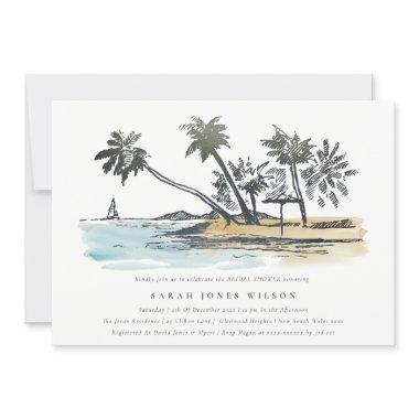 Tropical Beach Palm Tree Sketch Bridal Shower Invitations