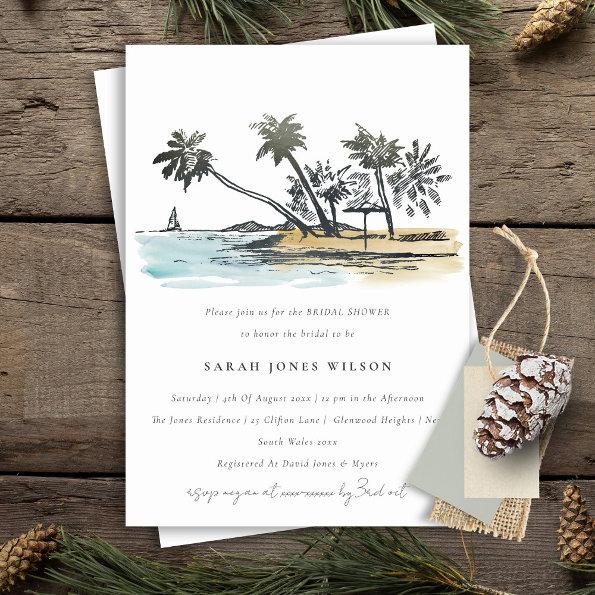 Tropical Beach Palm Tree Sketch Bridal Shower Invitations
