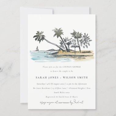 Tropical Beach Palm Tree Sketch Couples Shower Invitations