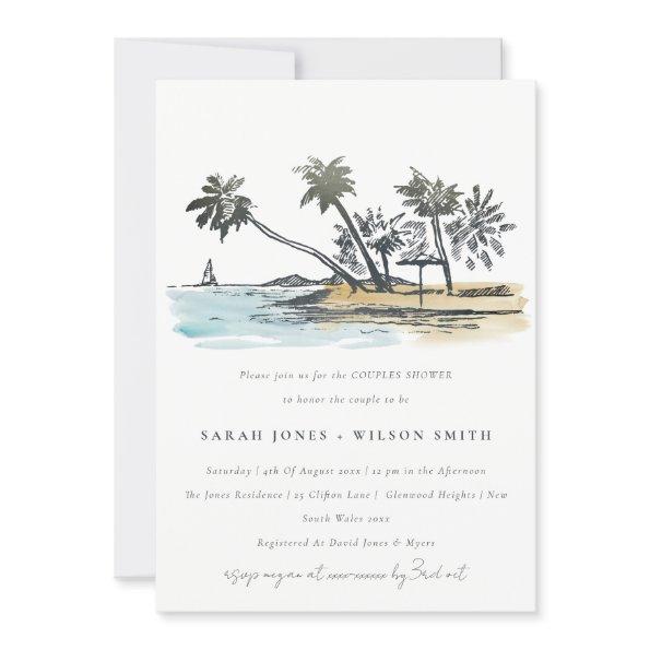 Tropical Beach Palm Tree Sketch Couples Shower