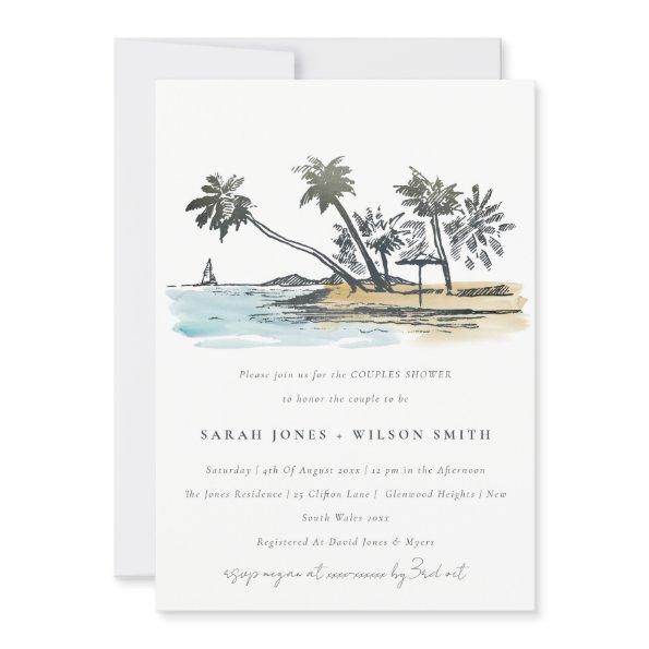 Tropical Beach Palm Tree Sketch Couples Shower Invitations