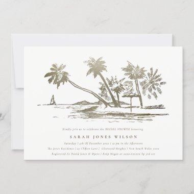 Tropical Beach Palm Tree Sketch Gold Bridal Shower Invitations
