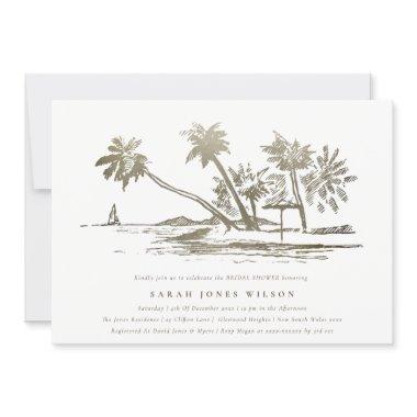 Tropical Beach Palm Tree Sketch Gold Bridal Shower Invitations