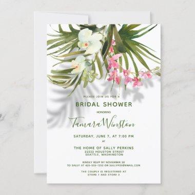 Tropical Beach Shadow Greenery Pink Floral Shower Invitations