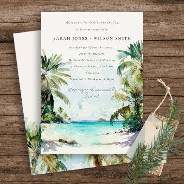 Tropical Beach Watercolor Palm Tree Couples Shower Invitations