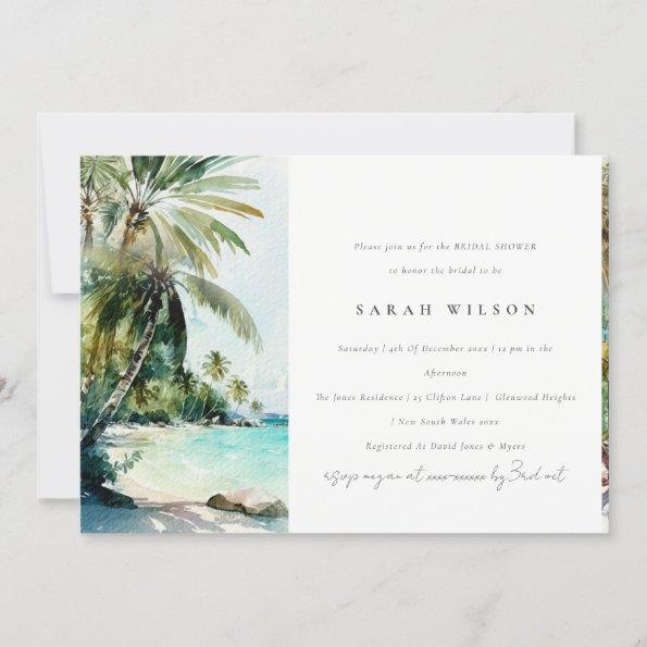 Tropical Beach Watercolor Palm Trees Bridal Shower Invitations
