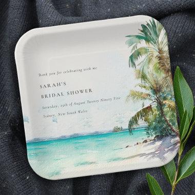 Tropical Beach Watercolor Palm Trees Bridal Shower Paper Plates