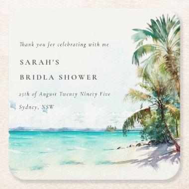 Tropical Beach Watercolor Palm Trees Bridal Shower Square Paper Coaster