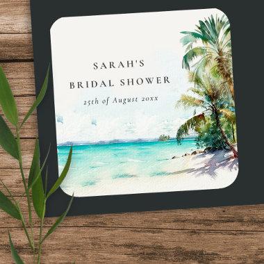 Tropical Beach Watercolor Palm Trees Bridal Shower Square Sticker