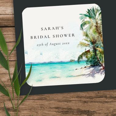Tropical Beach Watercolor Palm Trees  Square Sticker