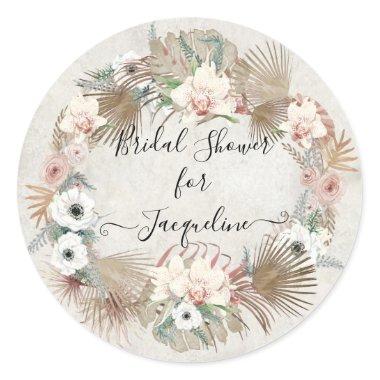 Tropical Beach White Floral Muted Greenery Foliage Classic Round Sticker
