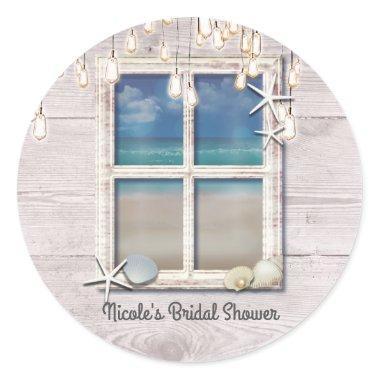 Tropical Beach Window White Wood Elegant Coastal Classic Round Sticker