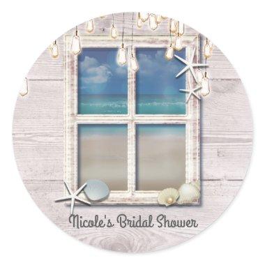 Tropical Beach Window White Wood Elegant Coastal Classic Round Sticker