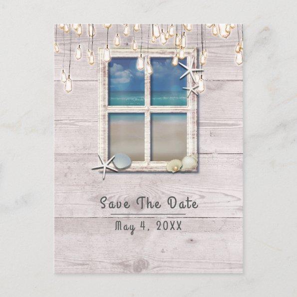 Tropical Beach Window White Wood Save the Date Announcement PostInvitations