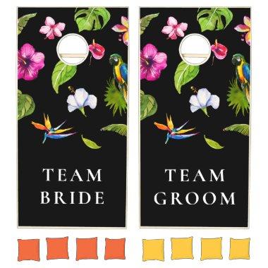 Tropical Black Floral Team Bride Groom Wedding Cornhole Set