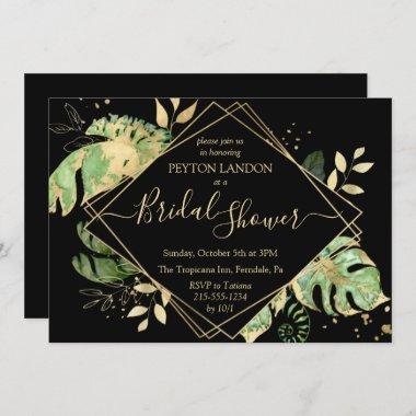 Tropical Black & Gold Leaves Elegant Bridal Shower Invitations