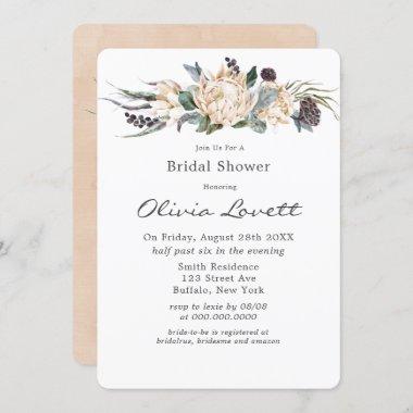 Tropical Boho White Protea Floral Bridal Shower In Invitations