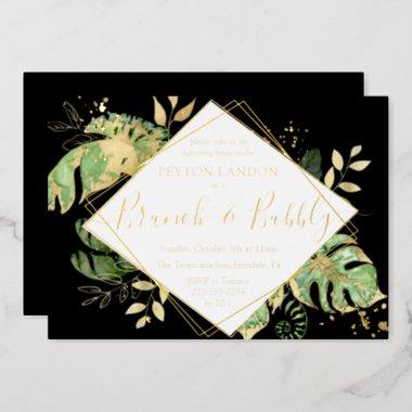 Tropical Brunch Bubbly Bridal Shower Black & Gold Foil Invitations