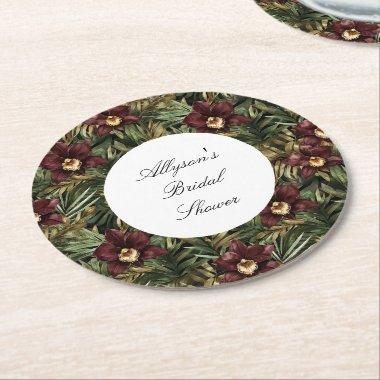 Tropical Burgundy Red Orchid Floral  Round Paper Coaster