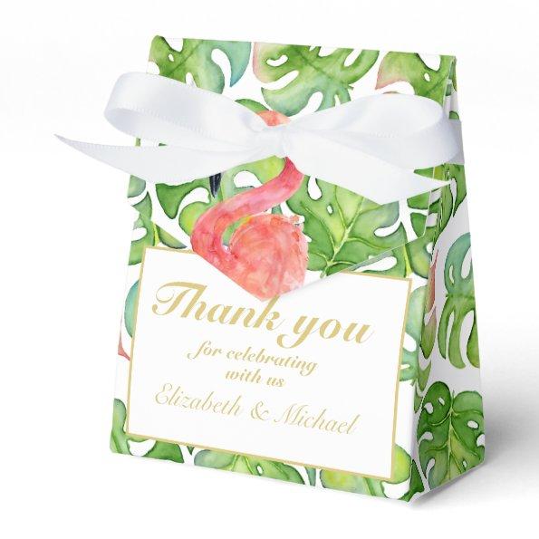 Tropical Flamingo Palm Leaves Pink Green THANK YOU Favor Boxes