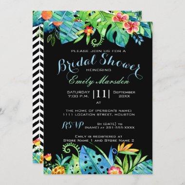 Tropical Floral Black Bridal Shower Invitations