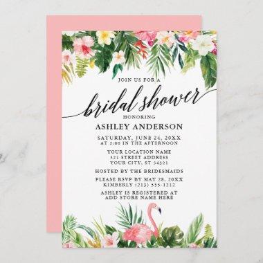 Tropical Floral Calligraphy Bridal Shower Pink Invitations