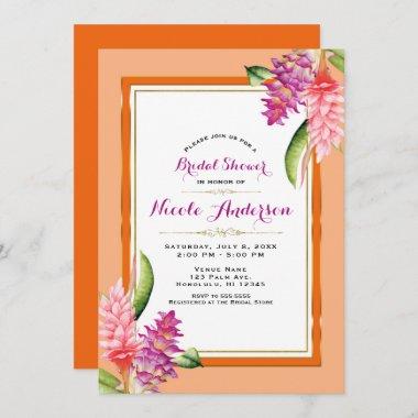 Tropical Floral Coral Orange & Gold Bridal Shower Invitations