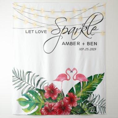 Tropical Floral Flamingos String Lights Wedding Tapestry