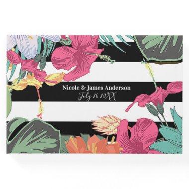 Tropical Floral Flowers Leaves Black White Stripes Guest Book