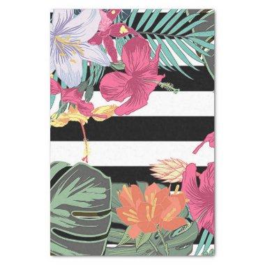 Tropical Floral Flowers Leaves Black White Stripes Tissue Paper