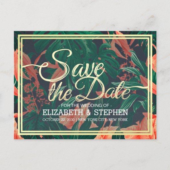 Tropical Floral & Gold Frame Wedding Save The Date Announcement PostInvitations