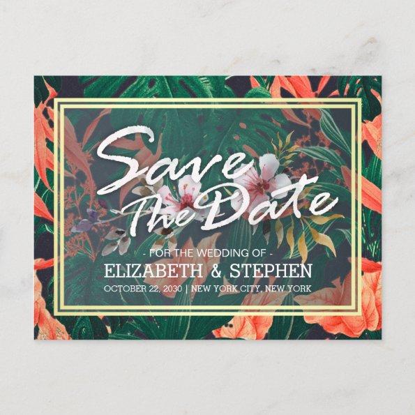 Tropical Floral & Gold Frame Wedding Save The Date Announcement PostInvitations