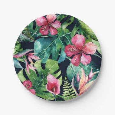 Tropical Floral Hibiscus & Palm Leaves Hawaiian Paper Plates