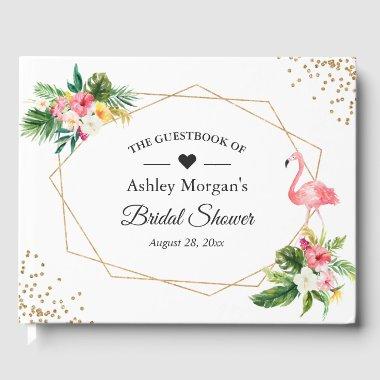 Tropical Floral Leaves Flamingo  Guest Book