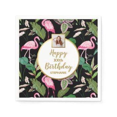 Tropical Floral Luau Flamingo Birthday Photo Napkins