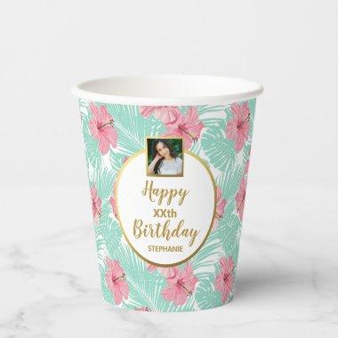 Tropical Floral Luau Palm Tree, Birthday Photo Paper Cups