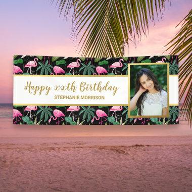 Tropical Floral Palm Leaf Flamingo Birthday Photo Banner